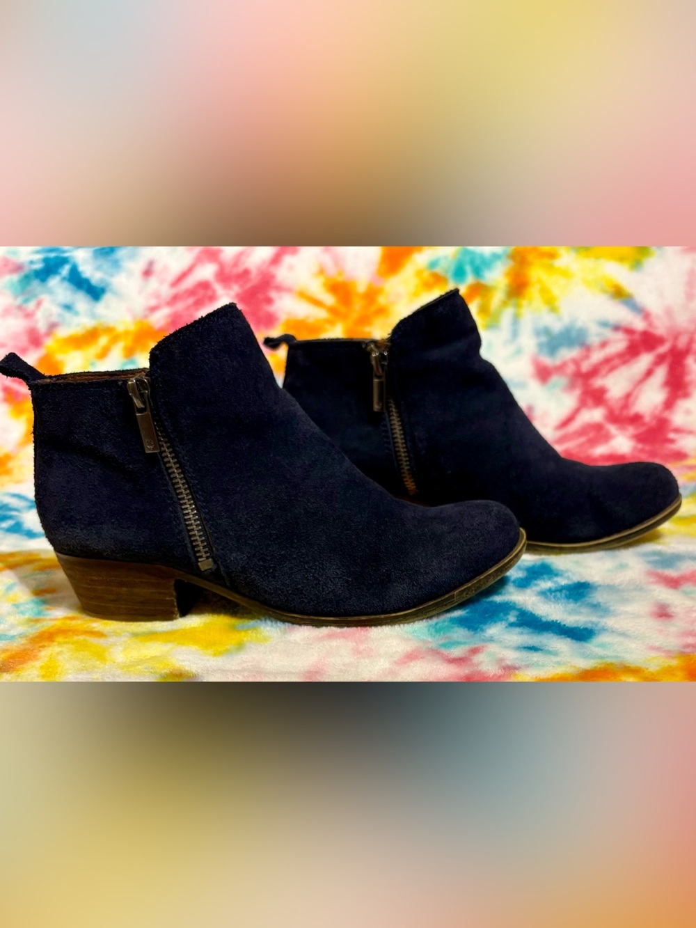 Lucky Brand Navy Suede Ankle Booties with Side Zip